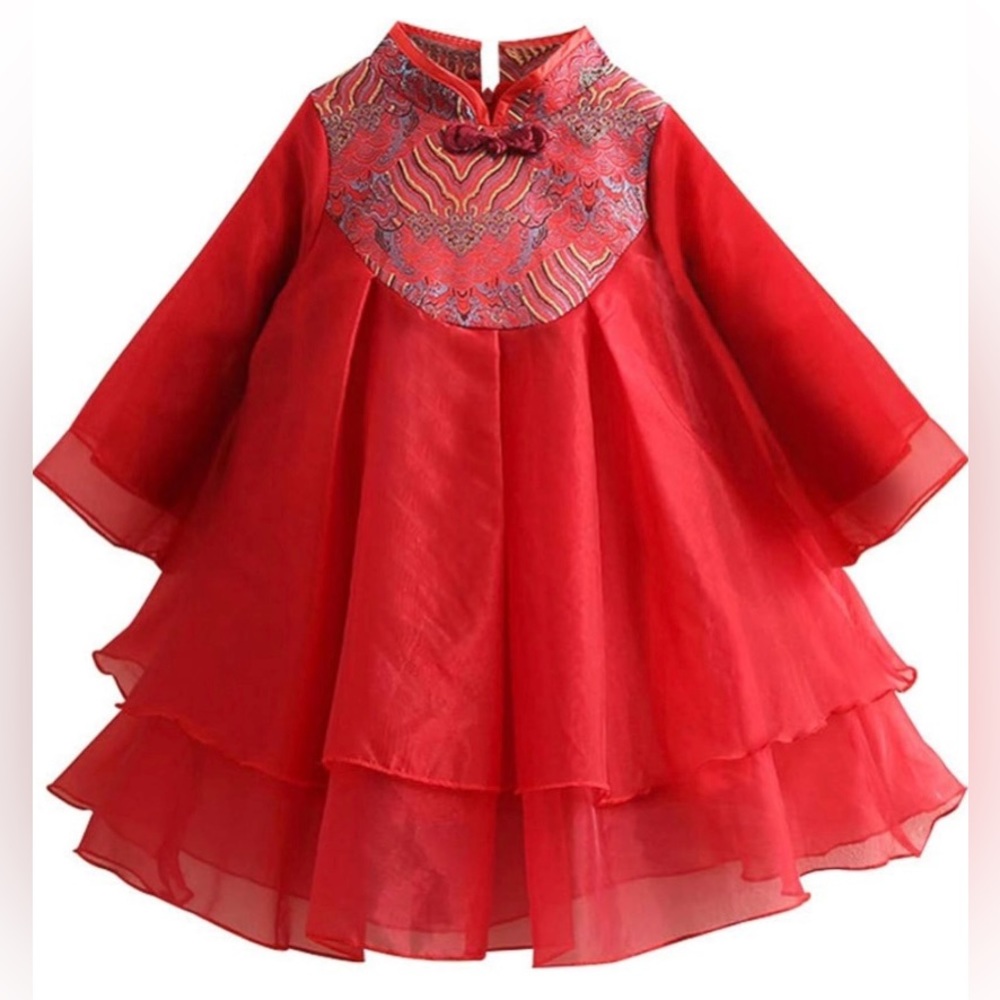 Red Kids Girls Chinese Brocade Dress Lunar New Year Velvet Lined 110 3T 4T